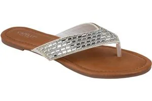 Ladies Faux Leather Fashion Flip Flops with Multi Row Tonal Gem Trim