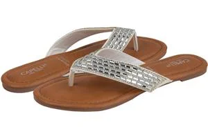 Ladies Faux Leather Fashion Flip Flops with Multi Row Tonal Gem Trim