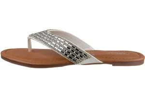 Ladies Faux Leather Fashion Flip Flops with Multi Row Tonal Gem Trim