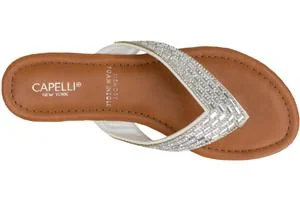 Ladies Faux Leather Fashion Flip Flops with Multi Row Tonal Gem Trim