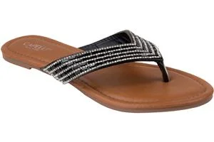 Ladies Faux Leather Fashion Flip Flops with Multi Row Tonal Gem Trim