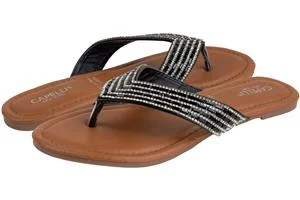 Ladies Faux Leather Fashion Flip Flops with Multi Row Tonal Gem Trim