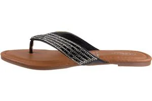 Ladies Faux Leather Fashion Flip Flops with Multi Row Tonal Gem Trim