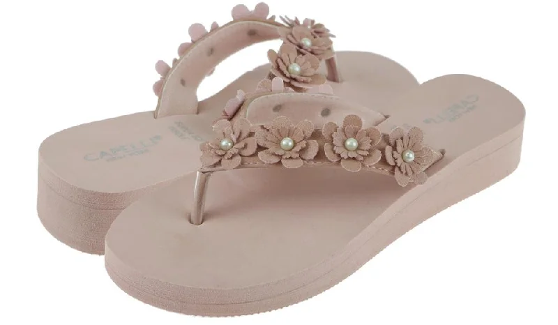 Ladies Blush Faux Suede Floral Wedge Flip Flop