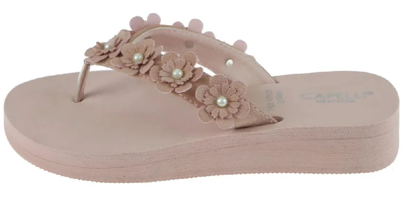 Ladies Blush Faux Suede Floral Wedge Flip Flop