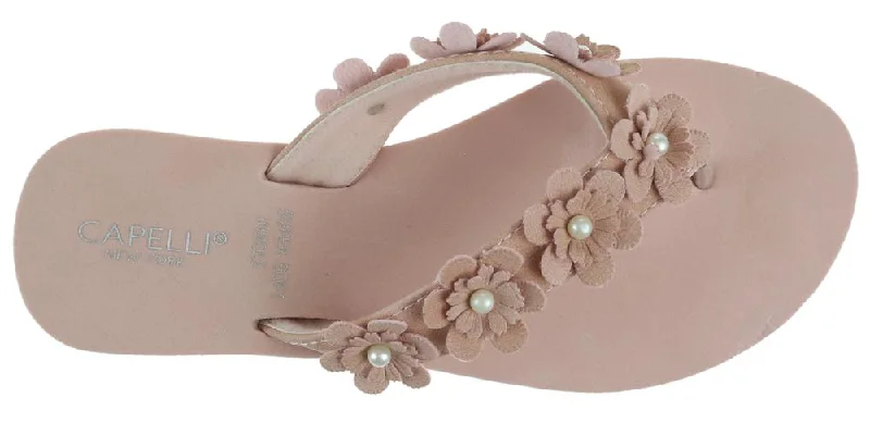 Ladies Blush Faux Suede Floral Wedge Flip Flop