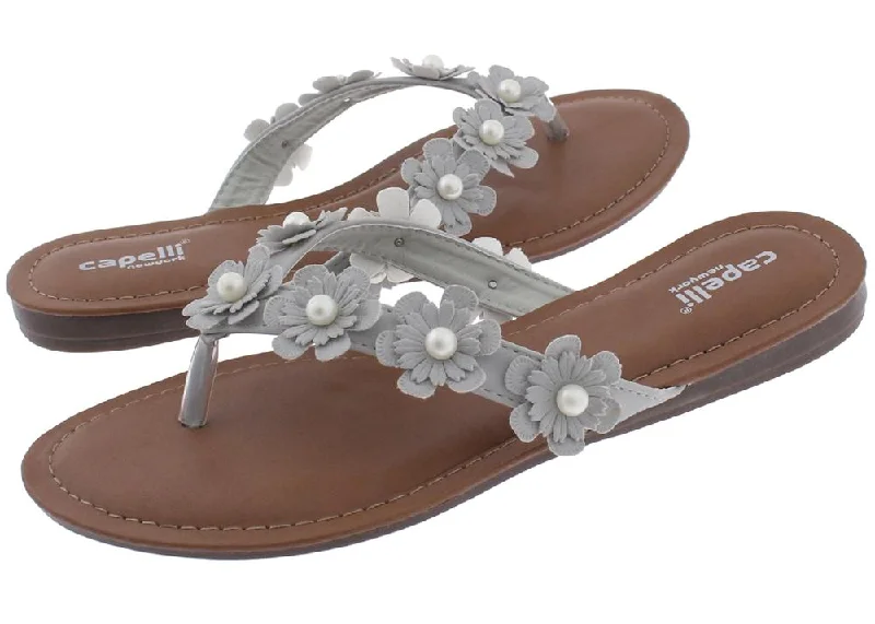 Ladies Light Grey Flowers with Pearl Trim Flip Flop