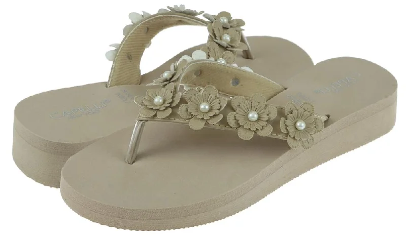 Ladies Taupe Faux Suede Floral Wedge Flip Flop