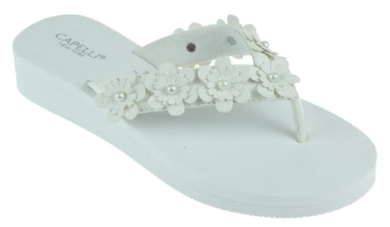 Ladies White Faux Suede Floral Wedge Flip Flop