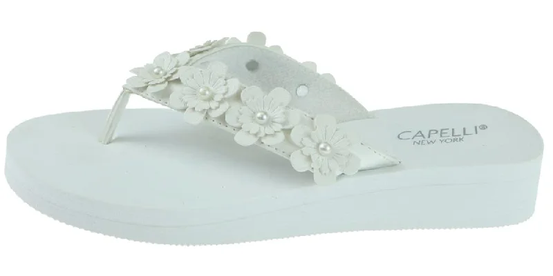 Ladies White Faux Suede Floral Wedge Flip Flop