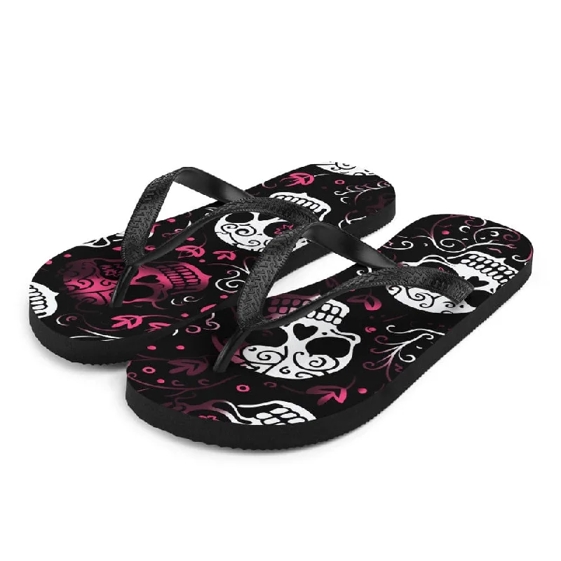 Pink & White Skulls Floral Flip-Flops