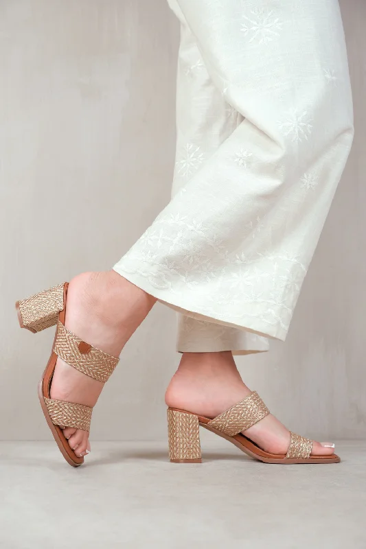 SLAYED STATEMENT PLATFORM STRAPPY BLOCK HIGH HEELS IN NATURAL RAFFIA