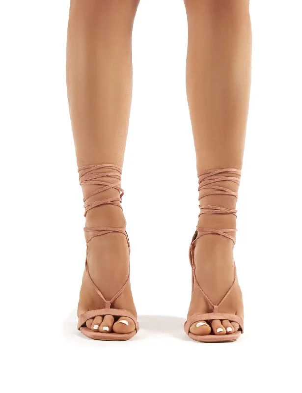 Frankie Wide Fit Nude Suede Lace Up Block High Heels