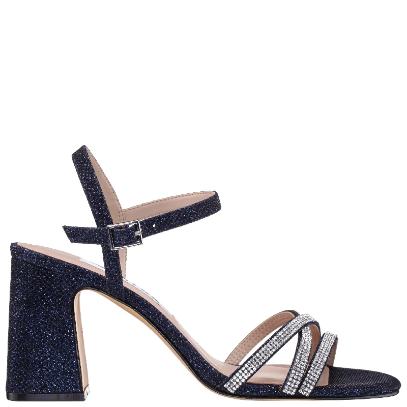 QUELLA-WOMEN'S NAVY TEXTURED METALLIC MID-HEEL BLOCK SANDAL