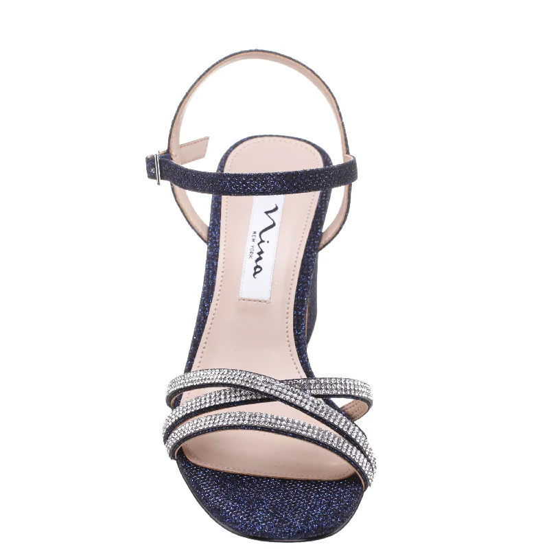 QUELLA-WOMEN'S NAVY TEXTURED METALLIC MID-HEEL BLOCK SANDAL