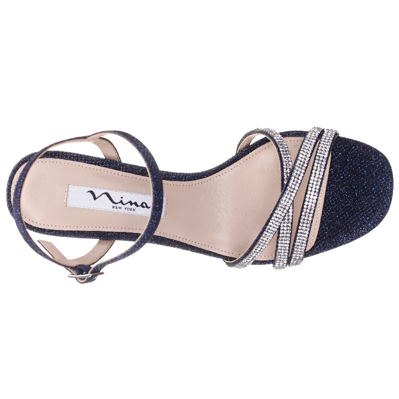 QUELLA-WOMEN'S NAVY TEXTURED METALLIC MID-HEEL BLOCK SANDAL