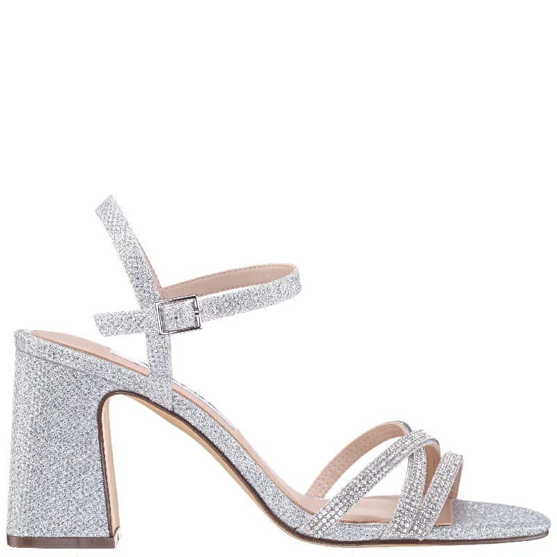 QUELLA-WOMEN'S SILVER TEXTURED METALLIC MID-HEEL BLOCK SANDAL