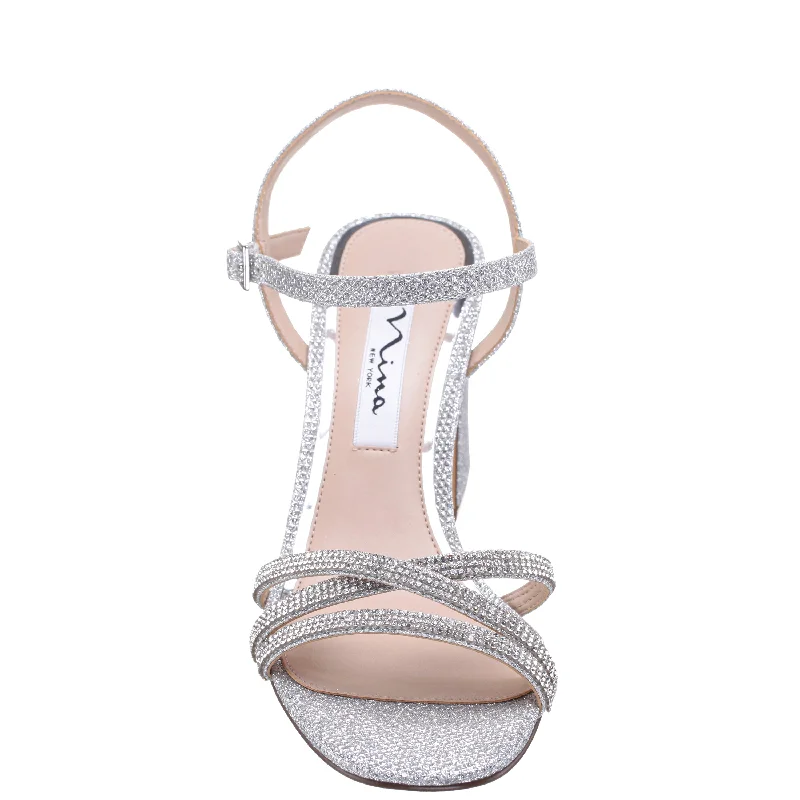 QUELLA-WOMEN'S SILVER TEXTURED METALLIC MID-HEEL BLOCK SANDAL