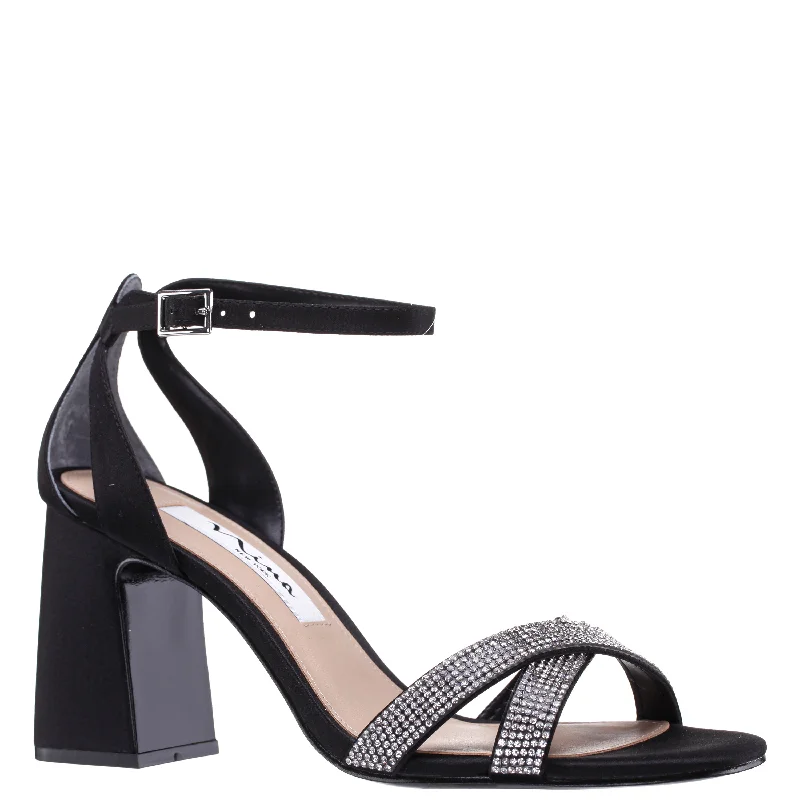 QUINLEY-WOMEN'S BLACK SATIN MID-HEEL BLOCK SANDAL