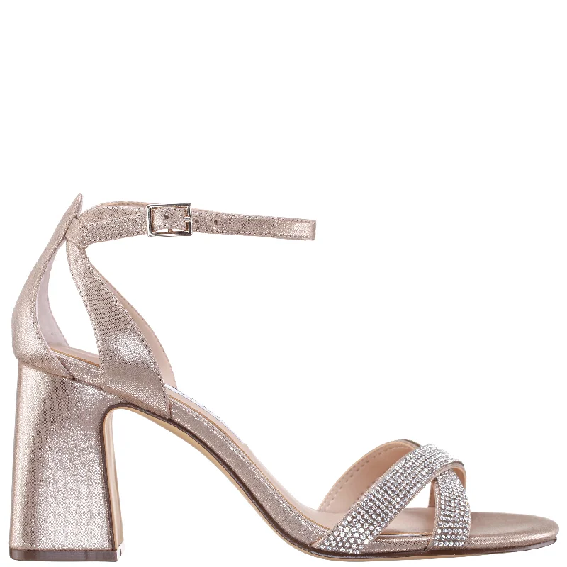 QUINLEY-WOMEN'S TAUPE METALLIC SUEDETTE MID-HEEL BLOCK SANDAL