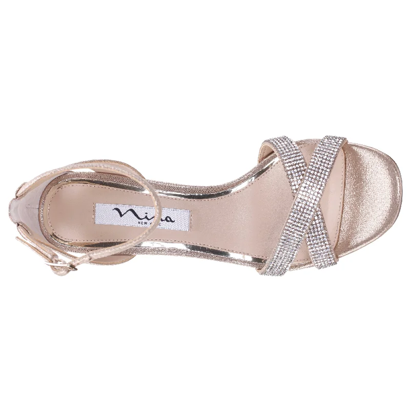 QUINLEY-WOMEN'S TAUPE METALLIC SUEDETTE MID-HEEL BLOCK SANDAL