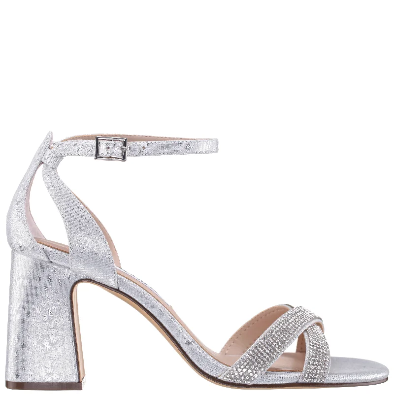 QUINLEY-WOMEN'S SILVER METALLIC SUEDETTE MID-HEEL BLOCK SANDAL