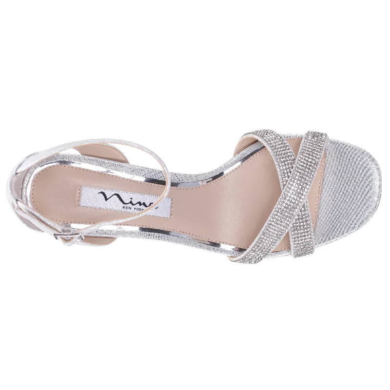 QUINLEY-WOMEN'S SILVER METALLIC SUEDETTE MID-HEEL BLOCK SANDAL