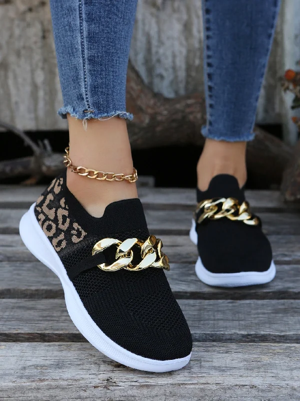 Sporty Running Shoes For Women, Leopard Pattern Chain Decor Fabric Sneakers