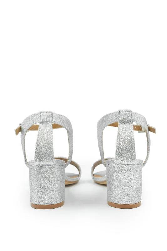 ADRIANNA STRAPPY MID HIGH BLOCK HEELS OPEN TOE IN SILVER GLITTER