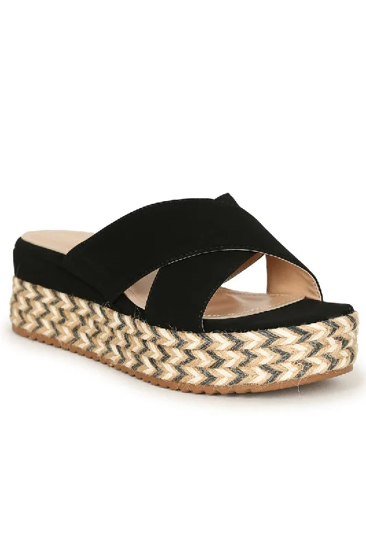 ""Walk The Walk"" Diagonal Platform Sandals - Black