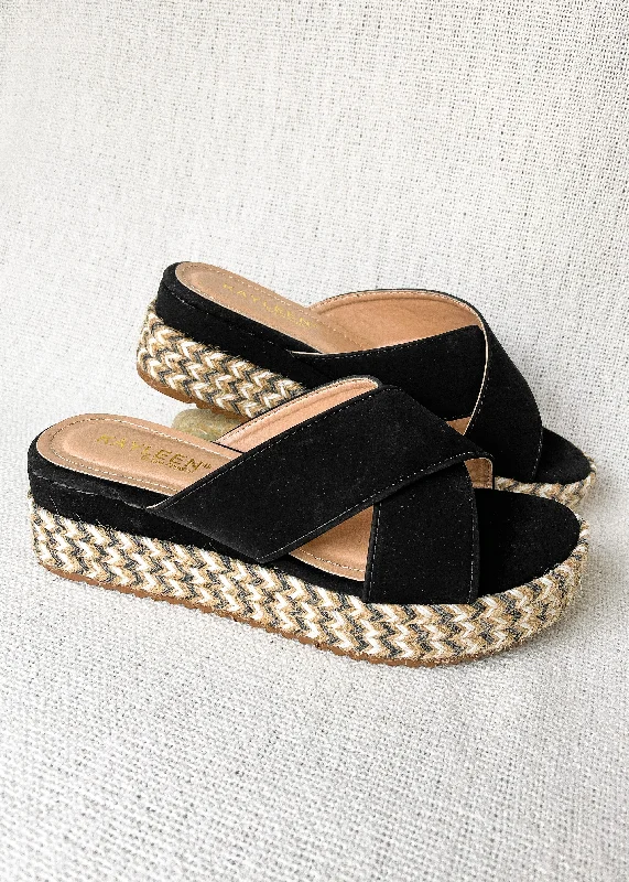 ""Walk The Walk"" Diagonal Platform Sandals - Black