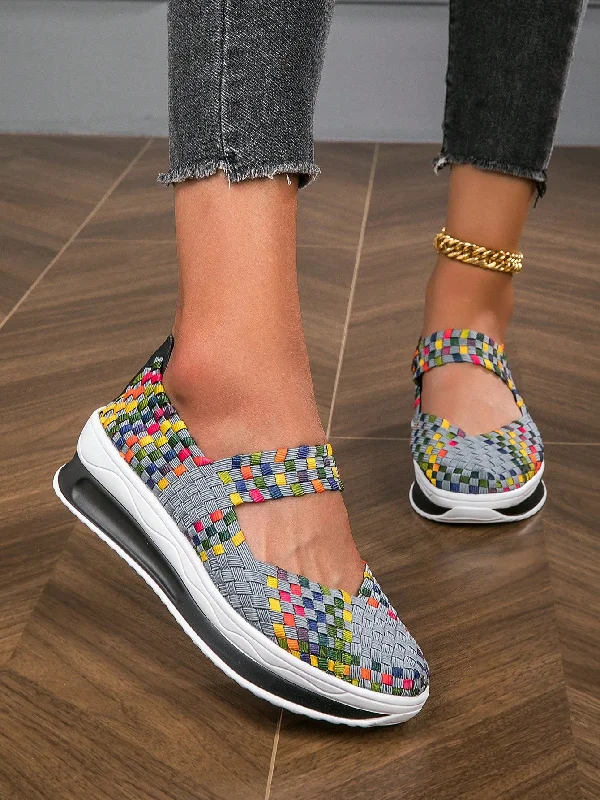 Women Geometric Pattern Cross Strap Wedge Sneakers, Sporty Outdoor Polyester Wedge Sneakers