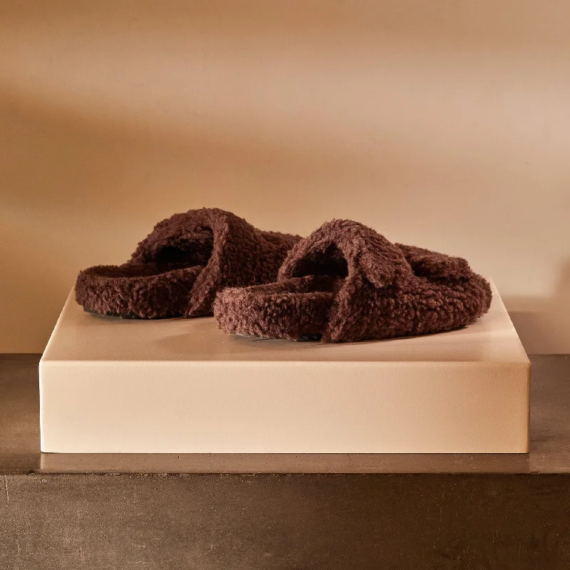 Women's Double Strap Shearling Slide - Chocolate