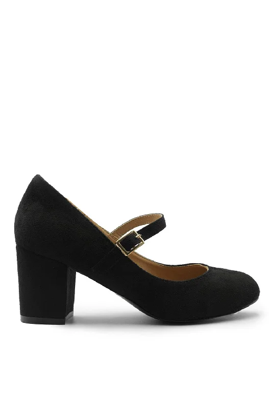 ARACELI WIDE FIT BLOCK HEEL MARY JANE PUMPS IN BLACK SUEDE