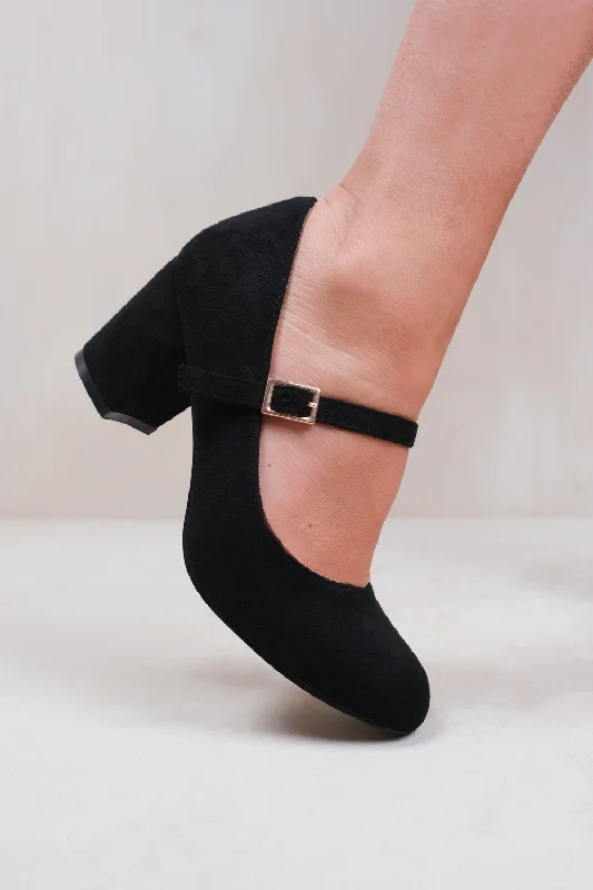 ARACELI WIDE FIT BLOCK HEEL MARY JANE PUMPS IN BLACK SUEDE