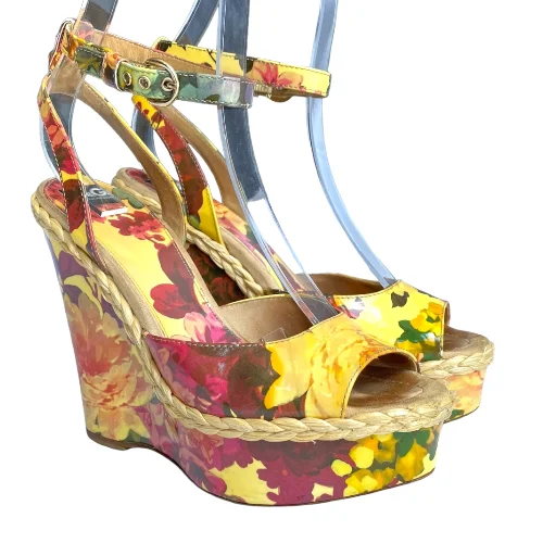 DOLCE & GABBANA Multicolor Patent Leather Floral Print Wedge Sandals, Size 38