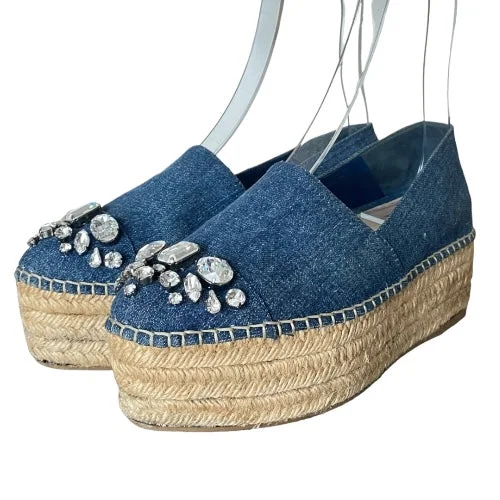 MIU MIU Blue Denim Fabric Crystal Embellished Platform Espadrille Flats, 36.5