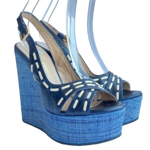 NEW EMPORIO ARMANI Navy Leather Crisscross Strappy, Blue Wicker Wedges, 36.5