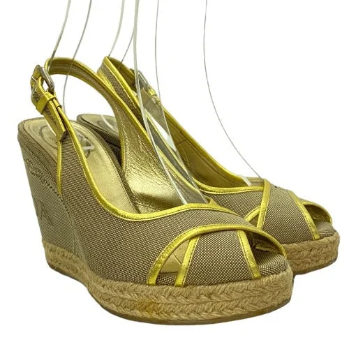 PRADA Beige & Gold Canvas Criss Cross Slingback Espadrille Wedge Sandals, 38.5