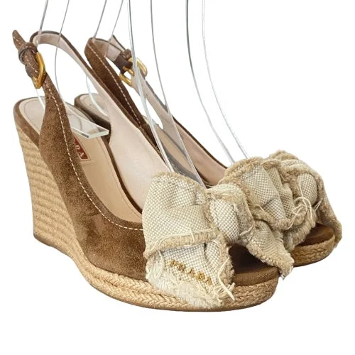 PRADA Brown Suede Bow Detail Slingback Espadrille Wedge Sandals, Size 35.5