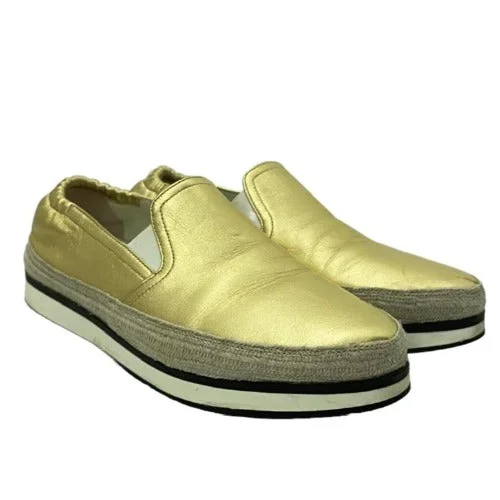 PRADA Metallic Gold Leather Espadrille Flats, Size 36