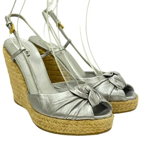 PRADA Silver Leather Knot Open Toe Slingback Espadrille Wedge Sandals, Size 38